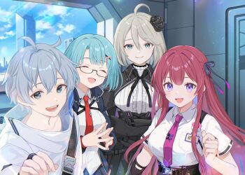 Rule 34 | 1boy, 3girls, ahoge, bag, blue hair, bridal gauntlets, chaos zero nightmare, flower, glasses, hair between eyes, hair flower, hair ornament, happy, high-waist skirt, iroha ironoha, jacket, mika (chaos zero nightmare), multiple girls, necktie, open mouth, owen (chaos zero nightmare), pink hair, red hair, rei (chaos zero nightmare), renoa (chaos zero nightmare), school, school uniform, shoulder bag, skirt, white hair