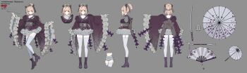 1girl absurdres animal_ears bell black_boots black_choker black_kimono blonde_hair bloomers boots breasts choker commentary concept_art english_commentary epebe frilled_kimono frilled_skirt frilled_sleeves frills garter_straps green_eyes grey_background grey_skirt hair_bell hair_bun hair_ornament hair_ribbon hand_fan highres holding holding_smoking_pipe indie_virtual_youtuber japanese_clothes katana kimono large_breasts miniskirt multiple_views nimi_nightmare nimi_nightmare_(a_dream_of_spring) obi official_alternate_costume official_alternate_hairstyle oil-paper_umbrella reference_sheet ribbon sash simple_background single_hair_bun skirt skirt_under_kimono smoking_pipe solo sword tapir_ears tapir_girl thighhighs umbrella underwear virtual_youtuber weapon white_thighhighs wide_sleeves zettai_ryouiki