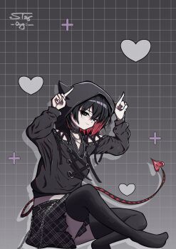 1girl absurdres animal_ear_hood artist_name bare_shoulders black_choker black_eyeliner black_hair black_hoodie black_skirt black_thighhighs bob_cut breasts bright_pupils chain chain_necklace character_name choker clothing_cutout colored_inner_hair commentary cropped_hoodie crossed_bangs dated demon_tail drawstring eyelashes eyeliner fake_animal_ears from_side goth_fashion gradient_background grey_background hair_between_eyes heart highres hood hood_up hoodie horns_pose index_finger_raised indian_style initial jewelry lace-up_top light_smile long_sleeves looking_at_viewer looking_to_the_side makeup midriff monogatari_(series) monogatari_series_shibuya109_collaboration multicolored_hair multiple_necklaces necklace no_gloves no_shoes on_ground oshino_ougi plaid_clothes plaid_skirt pleated_skirt plus_sign red_hair romaji_commentary sbinnalatony short_hair shoulder_cutout signature sitting skirt small_breasts smile solo tail tail_strap thighhighs twitter_username wallet_chain white_pupils