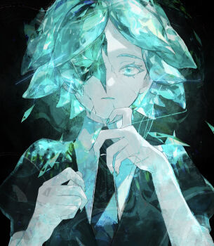 1other black_necktie black_shirt closed_mouth collared_shirt colored_eyelashes commentary_request cracked_skin crystal_hair dated_commentary fingernails gem_uniform_(houseki_no_kuni) glint green_eyes green_hair green_nails ham_melon_(iloha_24) houseki_no_kuni long_fingernails looking_at_viewer necktie other_focus phosphophyllite puffy_short_sleeves puffy_sleeves shards shirt short_hair short_sleeves solo straight-on
