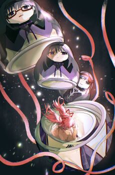 1girl absurdres akemi_homura akuma_homura alternate_costume bare_arms black_background chinese_commentary commentary_request covered_face dress fetal_position floating_hair full_body hair_floating_upwards hair_ribbon highres hugging_own_legs kaname_madoka light_particles long_dress long_hair mahou_shoujo_madoka_magica mahou_shoujo_madoka_magica:_hangyaku_no_monogatari matryoshka_doll pink_hair pink_ribbon puffy_short_sleeves puffy_sleeves red_ribbon ribbon short_sleeves short_twintails simple_background twintails white_dress yuzhouzang