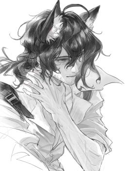 Rule 34 | 1boy, animal ears, arknights, beard stubble, chinese commentary, collarbone, commentary request, facial hair, fox boy, fox ears, greyscale, hair between eyes, hand on own neck, highres, lishijiu, long hair, looking ahead, male focus, mature male, mole, mole on chest, mole under eye, monochrome, nowell (arknights), open collar, parted lips, scar, scar on arm, simple background, sleeve garter, sleeves rolled up, solo, sparse stubble, stubble, sweat, toned, toned male, upper body, wavy hair, white background, wing collar