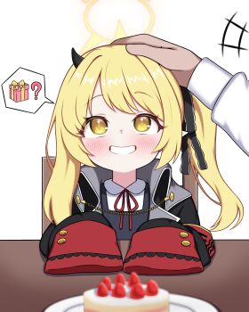 +++ 1boy 1girl ? absurdres asymmetrical_sidelocks black_coat black_dress black_horns black_ribbon blonde_hair blue_archive blurry blurry_foreground blush cake coat commentary_request demon_girl demon_horns depth_of_field dress food grin hair_ribbon halo headpat highres horns ibuki_(blue_archive) korean_commentary neck_ribbon parted_lips partial_commentary pinafore_dress pointy_ears red_ribbon ribbon side_ponytail sidelocks simple_background sleeveless sleeveless_dress sleeves_past_fingers sleeves_past_wrists smile solo solo_focus speech_bubble spoken_object strawberry_shortcake white_background yellow_eyes yellow_halo zing_(z_z_zing)