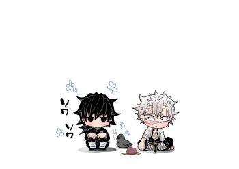 2boys bird black_hair black_jacket chibi chibi_only closed_mouth commentary_request constricted_pupils crow demon_slayer_uniform full_body grey_hair hat_omune high_collar jacket kanzaburou_(kimetsu_no_yaiba) kimetsu_no_yaiba long_hair low_ponytail male_focus multiple_boys ponytail scar scar_on_face shinazugawa_sanemi simple_background sitting spiked_hair tomioka_giyuu translation_request white_background