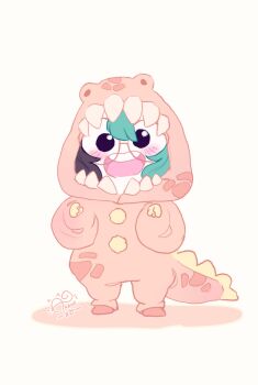 Rule 34 | 1girl, akane k0, akane ko, animal costume, artist logo, artist name, black hair, black pants, blush, boots, brown boots, dinosaur, dinosaur costume, dinosaur hood, dinosaur tail, glasses, gloves, green hair, hair between eyes, highres, hood, hood up, hoodie, logo, looking at viewer, mini person, multicolored hair, onesie, open mouth, original, pants, round eyewear, smile, tail, teeth, two-tone hair, upper teeth only, v, white background, yellow gloves