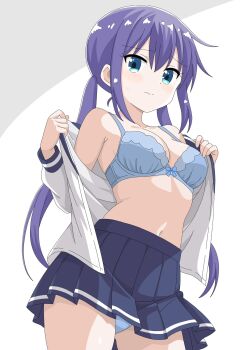 1girl blue_bra blue_eyes blue_hair blue_skirt bra breasts chikadaioshi cleavage closed_mouth collarbone dot_nose embarrassed feet_out_of_frame female_focus hair_between_eyes highres koisuru_asteroid legs long_hair long_sleeves manaka_ao medium_breasts navel panties school_uniform shirt simple_background skirt solo standing sweatdrop thick_thighs thighs twintails underwear undressing white_background white_shirt