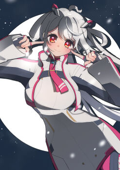Rule 34 | 1girl, ahoge, black border, blush, border, breast strap, breasts, closed mouth, commentary request, cropped jacket, dress, fingerless gloves, gloves, hands up, headgear, highres, jacket, large breasts, long hair, long sleeves, looking at viewer, matoi (pso2), necktie, outside border, phantasy star, phantasy star online 2, pointing, pointing at self, red eyes, red necktie, round border, sitwocution, sleeves past wrists, smile, solo, twintails, upper body, white background, white dress, white hair, white jacket