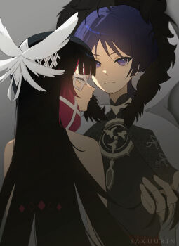 1boy 1girl absurdres artist_name bare_shoulders blindfold blue_eyes blue_hair blunt_bangs brown_hair closed_eyes closed_mouth coat columbina_(genshin_impact) commentary_request couple dress eyeliner fatui_coat feathered_wings bad_tag from_behind from_side fur-trimmed_coat fur_trim genshin_impact gradient_hair grey_coat hair_between_eyes hair_ornament hair_ribbon head_wings headpiece highres holding_another's_hair hood hood_up japanese_clothes jewelry lace_blindfold long_hair looking_at_viewer makeup multicolored_eyes multicolored_hair official_alternate_costume open_clothes open_coat pendant red_eyeliner ribbon sakuurin scaramouche_(genshin_impact) shade shadow short_hair sleeveless sleeveless_dress standing upper_body white_dress white_ribbon wings