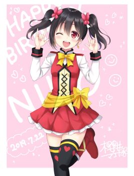 1girl ;d black_hair black_thighhighs blush boots bow bowtie butterfly_hair_ornament character_name commentary_request cross-laced_clothes dated double_m/ earrings female_focus hair_ornament happy_birthday heart heart_print highres jewelry long_sleeves looking_at_viewer love_live! love_live!_school_idol_project m/ one_eye_closed open_mouth pink_background red_boots red_eyes red_skirt sakurai_makoto_(custom_size) signature skirt smile smiley_face solo sparkle standing standing_on_one_leg sunny_day_song thighhighs twintails yazawa_nico yellow_bow yellow_bowtie