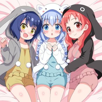 3girls :d animal_hood bare_legs bed_sheet black_hoodie blue_eyes blue_hair blue_shorts blush braid breasts chestnut_mouth chimame-tai collarbone commentary drawstring fang gochuumon_wa_usagi_desu_ka? grey_hoodie highres hood hoodie jouga_maya kafuu_chino long_hair long_sleeves looking_at_viewer lying medium_breasts multiple_girls natsu_megumi on_back open_mouth pink_shorts pom_pom_(clothes) rabbit_hood red_eyes red_hair sakuzo short_hair short_shorts shorts smile tokimeki_poporon twin_braids white_hoodie yellow_eyes yellow_shorts