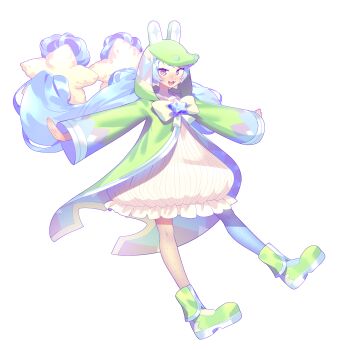 1girl :3 :d blue_hair blush boots bow bowtie cloak dress floating_hair frilled_dress frills full_body green_boots green_cloak hair_ornament highres hitsune_kumi hood hood_up hooded_cloak itporl long_hair long_sleeves looking_at_viewer low_twintails non-web_source official_alternate_costume official_art open_mouth purple_eyes simple_background smile solo star_(symbol) star_hair_ornament tachi-e transparent_background twintails utau very_long_hair white_dress yellow_bow yellow_bowtie yume_kawaii