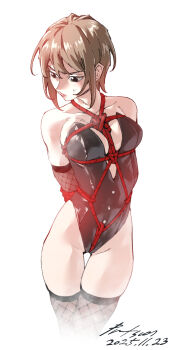 Rule 34 | 1girl, arms behind back, bdsm, between breasts, black leotard, bondage, bound, bound arms, breasts, brown eyes, brown hair, crotch rope, fishnet gloves, fishnet thighhighs, fishnets, gloves, highleg, highleg leotard, highres, leotard, looking to the side, medium breasts, nabipenciller, original, rope, shibari, short hair, solo, thigh gap, thighhighs