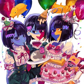 4girls black_eyes black_hair blue_skin blunt_bangs colored_skin commentary dual_persona ena:_dream_bbq ena_(dream_bbq) ena_(ena) ena_(series) ena_(species) ena_(web_series) english_commentary floating_head food-themed_hair_ornament hair_ornament hangover_ena happy_ena hat highres hourglass_dog ice_cream_cone ice_cream_hair_ornament meanie_ena mezo_(usagimarumei) moony_(ena) multicolored_skin multiple_girls open_mouth party_hat puffy_short_sleeves puffy_sleeves shirt short_sleeves shorts smile split-color_skin taski_maiden_(ena) two-tone_skin usagimarumei white_skin yellow_skin