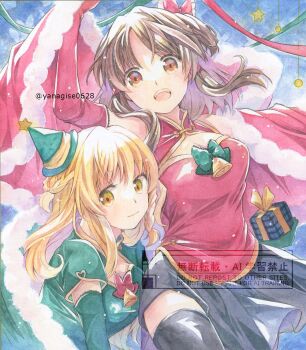 2girls alternate_costume bell black_thighhighs blonde_hair box braid breasts brown_eyes brown_hair china_dress chinese_clothes christmas cleavage cleavage_cutout closed_mouth clothing_cutout commentary_request dress elbow_gloves gift gift_box gloves green_dress green_gloves hakurei_reimu hat holding holding_gift kirisame_marisa long_hair looking_at_viewer mini_hat multiple_girls open_mouth red_dress red_gloves short_sleeves side_braid single_braid smile teeth thighhighs touhou traditional_media twitter_username upper_teeth_only watermark witch_hat yanagise yellow_eyes