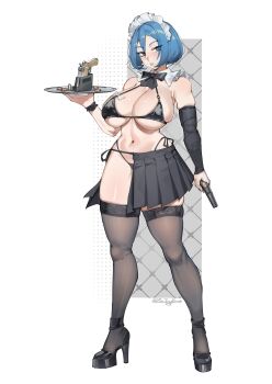 1girl absurdres ammunition bikini black_bikini black_bow black_bowtie black_eyes black_shoes black_skirt black_thighhighs blue_hair bow bowtie breasts commentary commission detached_collar detached_sleeves double-parted_bangs english_commentary full_body gun hair_between_eyes half-skirt handgun high_heels highleg highleg_bikini highres holding holding_gun holding_tray holding_weapon large_breasts looking_at_viewer maid maid_headdress micro_bikini original parted_lips platform_shoes pleated_skirt shoes side-tie_bikini_bottom sin_(sintrybest) single_detached_sleeve single_sleeve skirt solo standing string_bikini swimsuit thighhighs tray twitter_username weapon