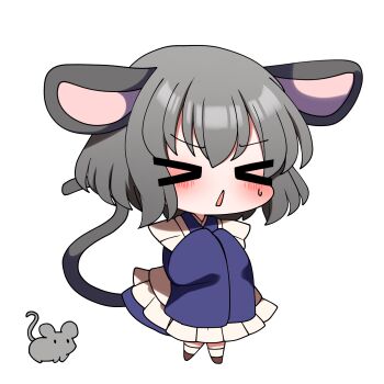 >_< 1girl :o animal_ears apron blinking blue_kimono blush brown_shoes chibi closed_eyes commentary_request ear_wiggle flying_sweatdrops frilled_apron frills grey_hair highres holding holding_tray japanese_clothes kimono long_sleeves maid medium_hair mouse_(animal) mouse_ears mouse_tail nazrin shoes sleeves_past_fingers sleeves_past_wrists socks tail touhou transparent_background tray wa_maid walking white_apron white_socks you_(noanoamoemoe)
