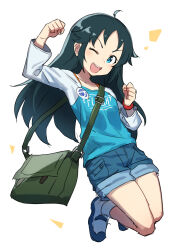 Rule 34 | 1girl, absurdres, ahoge, arm up, bag, black hair, blue eyes, blue shirt, blush, breasts, clenched hands, collarbone, denim, denim shorts, full body, gazacy (dai), hand up, highres, idolmaster, idolmaster cinderella girls, idolmaster cinderella girls starlight stage, long hair, long sleeves, looking at viewer, nanjo hikaru, one eye closed, open mouth, red wristband, shirt, shoes, shorts, shoulder bag, small breasts, smile, sneakers, solo, teeth, upper teeth only, v-shaped eyebrows, white background