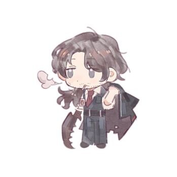 1boy beard_stubble belt black_belt black_coat black_pants black_vest brown_hair chibi cigarette coat facial_hair full_body gregor_(project_moon) grey_eyes hashtag-only_commentary holding holding_coat holding_unworn_clothes id_card limbus_company low_ponytail mustache_stubble necktie no_eyewear pants ponytail project_moon red_necktie simple_background smoke smoking solo stubble unworn_coat vest white_background yesheng_zong_ren