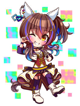 1girl animal_ears blue_hair blush bodice boots breasts brown_hair chibi chibi_only choker cleavage colored_inner_hair commentary_request corset cropped_jacket daitaku_helios_(umamusume) ear_covers facial_tattoo fang full_body garter_straps grin hair_between_eyes hair_ornament hairclip highres horse_ears horse_girl horse_tail jacket long_hair long_sleeves looking_at_viewer medium_breasts midriff_peek multicolored_hair navel one_eye_closed open_mouth overskirt pendant_choker purple_choker purple_garter_straps purple_thighhighs red_corset red_shorts shirt shorts side_ponytail smile solo standing standing_on_one_leg star_(symbol) star_hair_ornament starting_future_(umamusume) streaked_hair sugimotty_nova tail tattoo teeth thighhighs umamusume white_boots white_jacket white_shirt wristband yellow_eyes
