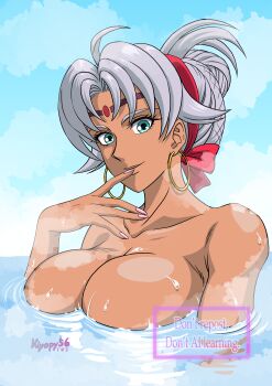 1girl absurdres ahoge bathing breasts cleavage closed_mouth collarbone dark-skinned_female dark_skin earrings eiyuu_densetsu english_text facial_mark finger_to_mouth forehead_mark green_eyes grey_hair hair_bun hairband highres hoop_earrings jewelry kiyopy large_breasts looking_at_viewer nude parted_bangs red_hairband scherazard_harvey smile solo sora_no_kiseki upper_body watermark