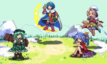 1boy 5girls animal_ears animated animated_gif backpack bag barefoot blonde_hair blouse blowing_smoke blue_eyes blue_hair bob_ross boots brown_eyes brown_footwear brown_hair camouflage camouflage_headwear camouflage_jacket camouflage_shirt camouflage_skirt cape captain_howdie card cloak commentary_request corked_bottle crown dress flat_cap fox_ears fox_girl fox_shadow_puppet fox_tail geta grass green_hair green_headwear green_ribbon hairband happy hat holding holding_card holding_smoking_pipe jacket japanese_clothes jewelry key key_necklace kimono kiseru komakusa_sannyo kudamaki_tsukasa magatama medium_hair medium_skirt mountain mountainous_horizon multicolored_dress multicolored_hair multicolored_hairband multiple_girls necklace open_mouth orb outdoors patchwork_clothes patterned_clothing pixel_art plain pointing pointing_down pointing_up ponytail puffy_short_sleeves puffy_sleeves purple_footwear purple_skirt rainbow_gradient red_button red_eyes red_kimono red_robe red_shirt ribbon robe romper sash shirt short_hair short_sleeves skirt skirt_set sky_print smile smoke smoking_pipe snow socks tail tamatsukuri_misumaru tenkyuu_chimata test_tube tobacco touhou two-tone_hair unconnected_marketeers white_cloak white_legwear white_romper wide_sleeves yamashiro_takane yellow_ribbon yellow_skirt yin_yang yin_yang_orb zipper