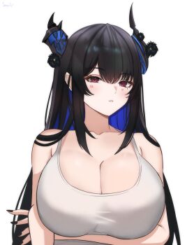 1girl alternate_costume arm_under_breasts asymmetrical_horns bare_shoulders black_hair black_nails blue_hair breasts cleavage closed_mouth collarbone colored_inner_hair crystal_horns demon_horns flower hair_ornament highres hololive hololive_english horn_flower horns large_breasts long_hair looking_at_viewer mole mole_under_eye multicolored_hair nerissa_ravencroft red_eyes senpaisif simple_background solo tank_top two-tone_hair uneven_horns very_long_hair virtual_youtuber white_background