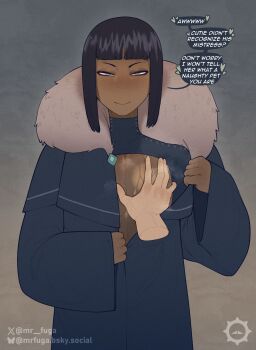 1boy androgynous artist_logo avatar_legends black_hair blue_background blue_eyes blue_robe bluesky_logo bluesky_username blunt_bangs blunt_sidelocks blush dark-skinned_male dark_skin desna_(avatar) english_text facing_viewer flat_chest fur-trimmed_robe fur_collar fur_trim gradient_background groping half-closed_eyes hand_on_another's_chest heart highres light_smile logo looking_at_viewer male_focus mrfuga no_nose open_clothes open_robe orange_background pov pov_hands robe sidelocks smirk solo speech_bubble spoken_heart stitching the_legend_of_korra trap twitter_logo twitter_username upper_body wide_sleeves yaoi