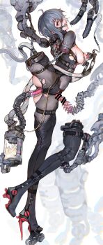1girl absurdres ahoge amputee anal android ass blue_hair breast_pump breasts gag high_heels highres honkai_(series) honkai_impact_3rd iuui machine milking_machine nipples raven_(honkai_impact) ring_gag robot sex_machine solo spread_legs standing torn_clothes