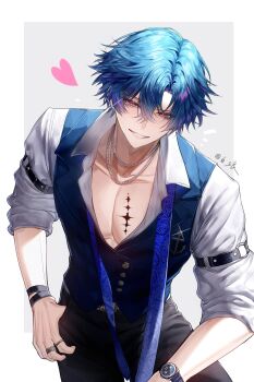 Rule 34 | 1boy, absurdres, anchor symbol, arm strap, belt, bishounen, black pants, blue hair, blue necktie, blue vest, border, bracelet, brant (wuthering waves), chinese commentary, commentary request, curtained hair, grey background, hair between eyes, hair ornament, hairclip, hand in pocket, head tilt, heart, highres, jewelry, lapels, leg up, looking at viewer, male focus, multiple rings, necktie, o-ring, o-ring arm strap, open clothes, open shirt, pants, pectoral cleavage, pectorals, popbai, purple eyes, purple streaks, removing necktie, ring, shirt, short hair, smile, solo, tacet mark (wuthering waves), vest, watch, white belt, white border, white shirt, wristwatch, wuthering waves