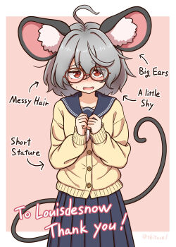 1girl ahoge alternate_costume animal_ear_fluff animal_ears arrow_(symbol) bad_link bespectacled blue_sailor_collar blue_skirt blush buttons cardigan commentary_request commission commissioner_name cowboy_shot english_text glasses grey_hair highres looking_at_viewer mouse_ears mouse_girl mouse_tail nazrin open_mouth outside_border pleated_skirt red-framed_eyewear red_eyes sailor_collar sailor_shirt school_uniform second-party_source shirt shitacemayo skeb_commission skirt solo standing sweatdrop tail thank_you touhou twitter_username yellow_cardigan