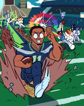 Rule 34 | 1boy, 1girl, agnes tachyon (tach-nology) (umamusume), agnes tachyon (umamusume), alternate color, american football, american football (object), american football uniform, animal ears, applejack, ball, black hair, blue pants, blue shirt, brown hair, clenched teeth, coat, commentary, crossover, dark-skinned male, dark skin, english commentary, field, full body, highres, holding, holding ball, horse, horse ears, horse girl, jaxon smith-njigba, multiple crossover, my little pony, national football league, official art, open mouth, outdoors, pants, rainbow dash, real life, running, seattle seahawks, shenanigansen, shirt, short hair, sportswear, teeth, twilight sparkle, umamusume, white coat