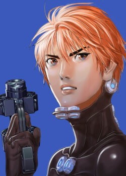 1boy black_bodysuit blue_background bodysuit brown_eyes brown_hair finger_on_trigger gantz gantz_suit gun hand_up highres holding holding_gun holding_weapon kurono_kei latex latex_bodysuit lips official_art oku_hiroya parted_lips portrait short_hair simple_background skin_tight solo teeth tsurime v-shaped_eyebrows weapon x-gun