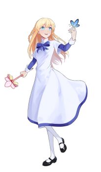 1girl ahoge black_shoes blue_bow blue_butterfly blue_eyes blue_sleeves blue_wings blush bow braid breasts bright_pupils bug butterfly dress dress_bow full_body hair_between_eyes high_collar holding holding_wand insect ispin_charles kneehighs layered_dress layered_sleeves littlechick269 long_hair long_sidelocks long_sleeves looking_at_another low-braided_long_hair low-tied_long_hair mary_janes medium_breasts medium_dress nexon open_hand open_mouth pantyhose second-party_source shoes short_over_long_sleeves short_sleeves sidelocks sleeve_cuffs socks solo_focus straight_hair tales_weaver teeth twin_braids upper_teeth_only wand white_pantyhose white_pupils white_sleeves wings