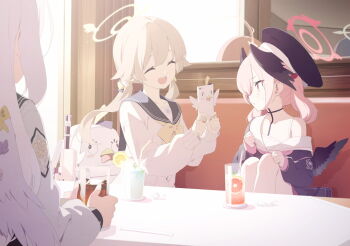 5girls artist_request azusa_(blue_archive) black_hat black_sailor_collar black_shirt black_wings blonde_hair blue_archive blush bow cafe cellphone closed_eyes cup feathered_wings game_cg grey_hair hair_between_eyes halo hat head_wings hifumi_(blue_archive) highres holding holding_cup holding_phone indoors koharu_(blue_archive) long_hair looking_at_another low_wings multiple_girls non-web_source official_art open_mouth phone pink_eyes pink_hair pink_halo sailor_collar shirt single_bare_shoulder sitting smartphone twintails white_shirt white_wings wings yellow_bow yellow_halo