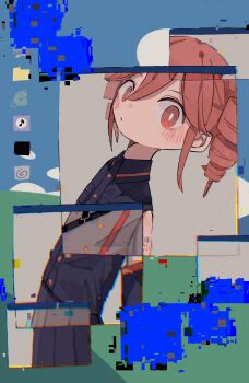 1girl arm_tattoo bare_shoulders black_shirt black_skirt bliss_(image) blush bright_pupils closed_mouth cropped_legs detached_sleeves drill_hair glitch highres icon_(computing) internet_explorer izayoi_(i34i22w) kairi_suru_genzai_(utau) kasane_teto kasane_teto_(sv) kasane_teto_(utau) leaning_back looking_at_viewer red_eyes red_hair shirt short_hair skirt sleeveless sleeveless_shirt solo synthesizer_v tattoo twin_drills utau white_pupils window_(computing)