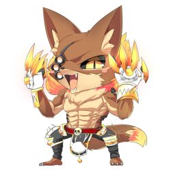 Rule 34 | 1boy, abs, animal ears, barefoot, belt, black pants, black sclera, character request, chibi, claw (weapon), colored sclera, commentary request, fangs, fingerless gloves, full body, gloves, hop step jumpers, lets0020, looking at viewer, male focus, muscular, muscular male, open mouth, pants, red belt, simple background, skull belt, slit pupils, smile, solo, tail, topless male, transparent background, v-shaped eyebrows, weapon, white gloves, wolf boy, wolf ears, wolf tail, yellow eyes