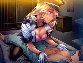 1girl blonde_hair blue_eyes blush bra breasts breasts_squeezed_together bubuzuke cell censored cleavage dark_skin futon gal_kanshu_rina-chan_no_m_otoko-ka_seikyouiku_shidou game_cg gloves hat large_breasts legs long_hair looking_down lying open_clothes paizuri penis police police_uniform policewoman sitting skirt smile thighhighs thighs underwear
