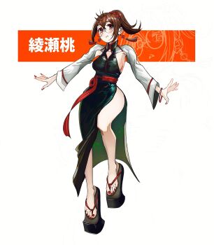 1girl alternate_costume ayase_momo bangle bare_legs bracelet breasts brown_eyes brown_hair china_dress chinese_clothes commentary crossed_bangs dandadan davoxime dress earrings english_commentary feet floating_hair full_body glasses green_dress hair_between_eyes high_ponytail highres jewelry legs long_sleeves medium_breasts nail_polish official_alternate_hairstyle ponytail red_nails round_eyewear sandals short_hair side_slit sideboob solo tassel tassel_earrings thighs toenail_polish toenails toes