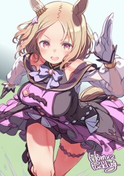 1girl animal_ears blonde_hair breasts commentary_request gloves highres horse_ears horse_girl horse_tail large_breasts looking_at_viewer narita_top_road_(the_proud_road)_(umamusume) narita_top_road_(umamusume) paid_reward_available puddinghomhom running solo tail umamusume white_gloves