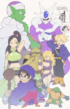 2girls 6+boys ? absurdres ayla_(chrono_trigger) black_hair blonde_hair boots breasts chrono_trigger closed_mouth colored_skin commentary cooler_(dragon_ball) crossed_arms crossover dragon_ball dragon_quest dragon_quest_v dragon_quest_viii dragon_quest_xi dragonball_z english_commentary english_text fifth_form_(dragon_ball) frieza frog_(chrono_trigger) green_skin hand_on_own_hip hero_(dq5) highres holding holding_staff inkerton-kun jacket large_breasts long_hair martina_(dq11) mecha_frieza multiple_boys multiple_girls namekian open_mouth pants pectorals piccolo pointy_ears robo_(chrono_trigger) robot slime_(dragon_quest) spiked_hair staff super_saiyan sweat toriyama_akira_(character) trunks_(dragon_ball) trunks_(future)_(dragon_ball) turban