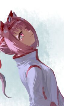 1girl animal_ears blush bow closed_mouth ear_bow ear_covers flower-shaped_pupils flower_in_eye hairband haru_urara_(bestest_prize)_(umamusume) haru_urara_(umamusume) headband highres horse_ears horse_girl inishie_kumo jacket long_hair looking_up pink_eyes pink_hair pink_headband ponytail red_headband simple_background solo symbol-shaped_pupils symbol_in_eye umamusume upper_body white_jacket