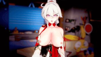 1girl 3d :o ahoge animated animated_gif bare_shoulders bedroom blinking blue_eyes bouncing bouncing_breasts breasts breasts_out breath cabinet chinese_clothes collarbone couch detached_collar detached_sleeves dress eyebrows_hidden_by_hair eyelashes glowing glowing_eyes gradient_eyes hair_between_eyes hairband high_ponytail honkai_(series) honkai_impact_3rd indoors jumping kiana_kaslana kiana_kaslana_(ba-dum!_fiery_wishing_star) large_breasts long_hair long_sleeves looking_at_viewer messy_hair multicolored_eyes nipples open_clothes open_dress open_mouth phone photo_(object) pillow pink_eyes ponytail recording red_dress red_hairband rug saliva saliva_trail shelf shinaosumata sidelocks solo star-shaped_pupils star_(symbol) symbol-shaped_pupils television tongue upper_body very_long_hair vignetting white_hair