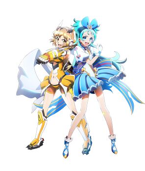 2girls :d absurdres aqua_eyes aqua_hair armored_boots arms_up blue_bow blue_eyes blush bodysuit boots bow breasts brown_hair clenched_hands clothing_cutout earrings gauntlets gloves green_eyes hair_bow hair_ornament hairclip headgear high_heels highres holding_hands jewelry legs_up leotard long_hair long_scarf looking_at_viewer midair multiple_girls navel official_art open_mouth orange_bodysuit princess_ripple princession_orchestra puffy_short_sleeves puffy_sleeves reaching reaching_towards_viewer scarf senki_zesshou_symphogear short_hair short_sleeves simple_background smile solo sorano_minamo tachibana_hibiki_(symphogear) teeth thigh_gap transparent_background upper_teeth_only white_gloves white_leotard