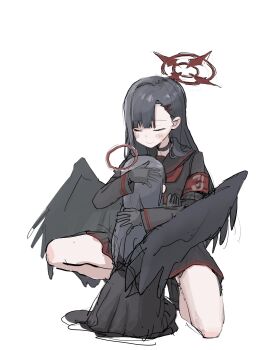 2girls armband black_gloves black_hair black_serafuku black_skirt black_wings blue_archive blush choker closed_eyes feathered_wings gloves greentea2400 hair_ornament hairclip halo highres hug ichika_(blue_archive) justice_task_force_member_(blue_archive) light_smile long_hair multiple_girls neckerchief red_armband red_halo red_neckerchief school_uniform serafuku skirt squatting wings