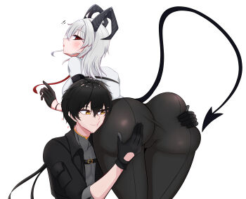 1boy 1girl absurdres ass black_gloves black_hair black_horns black_jacket black_tail blush commentary demon demon_girl demon_horns demon_tail devil_mk gloves grey_shirt heart highres horns huge_ass jacket kinder_surprise light_blush male_rover_(wuthering_waves) necktie open_clothes open_jacket red_eyes red_necktie rover_(wuthering_waves) sensitive shirt surprised tail white_background white_hair white_shirt wuthering_waves yellow_eyes zani_(wuthering_waves)