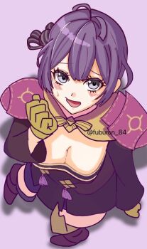 1girl bernadetta_von_varley bernadetta_von_varley_(timeskip) breasts cleavage fire_emblem fire_emblem:_three_houses fuburon_84 grey_eyes looking_at_viewer looking_up medium_breasts nintendo open_mouth purple_hair sweatdrop