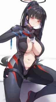 1girl absurdres areola_slip between_breasts black_bodysuit black_hair black_halo blue_archive blunt_bangs blush bodysuit breasts bright_pupils cleavage commentary_request hair_ornament halo high_ponytail highres holding holding_id_card huge_breasts id_card lhoting long_hair looking_at_viewer multicolored_halo navel no_bra official_alternate_costume official_alternate_hairstyle open_bodysuit open_clothes parted_lips ponytail red_eyes ringed_eyes rio_(armed)_(blue_archive) rio_(blue_archive) sidelocks simple_background sitting skin_tight solo spread_legs standing steaming_body stomach sweat thigh_strap two-tone_halo unzipping very_long_hair white_background white_pupils