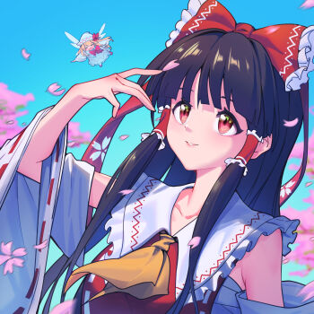 Rule 34 | 2girls, absurdres, ascot, blonde hair, blue sky, bow, bowtie, brown hair, cherry blossoms, closed eyes, collarbone, commentary request, day, detached sleeves, dress, fairy, fairy wings, falling petals, flying, frilled bow, frilled hair tubes, frills, hair bow, hair tubes, hakurei reimu, hat, hat bow, highres, lily white, long hair, long sleeves, multiple girls, open mouth, petal print, petals, pink petals, red bow, red bowtie, red eyes, ribbon-trimmed sleeves, ribbon trim, saya species, sky, smile, spring (season), touhou, white dress, white hat, wide sleeves, wings, yellow ascot