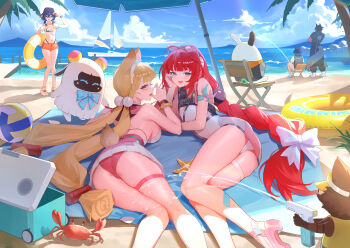 2boys 3girls absurdres alice_thymefield alice_thymefield_(sea_of_thyme) animal_ears ass bangboo_(zenless_zone_zero) bare_shoulders beach belle_(summer_skies)_(zenless_zone_zero) belle_(zenless_zone_zero) breasts chamuhz cleavage hair_ornament heterochromia highres kamanosuke_(zenless_zone_zero) komano_manato large_breasts long_hair looking_at_viewer low_twintails multiple_boys multiple_girls open_mouth rabbit_ears rabbit_girl raccoon short_hair smile sphere_hair_ornament twintails ukinami_yuzuha ukinami_yuzuha_(tanuki_in_broad_daylight) wise_(peaceful_waves)_(zenless_zone_zero) wise_(zenless_zone_zero) zenless_zone_zero