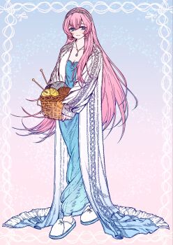 1girl alternate_costume basket blue_background blue_dress blue_eyes blue_gem breasts cardigan_coat cleavage closed_mouth coat dress fringe_trim full_body gem goodsmile_company gradient_background hair_between_eyes hairband highres holding holding_basket jewelry knitting_needle kori_(kr_585) long_coat long_dress long_hair long_sleeves looking_at_viewer megurine_luka necklace needle nightgown open_clothes open_coat pink_background pink_hair sleeves_past_wrists slippers smile solo standing very_long_hair vocaloid white_coat white_hairband white_slippers yarn yarn_ball